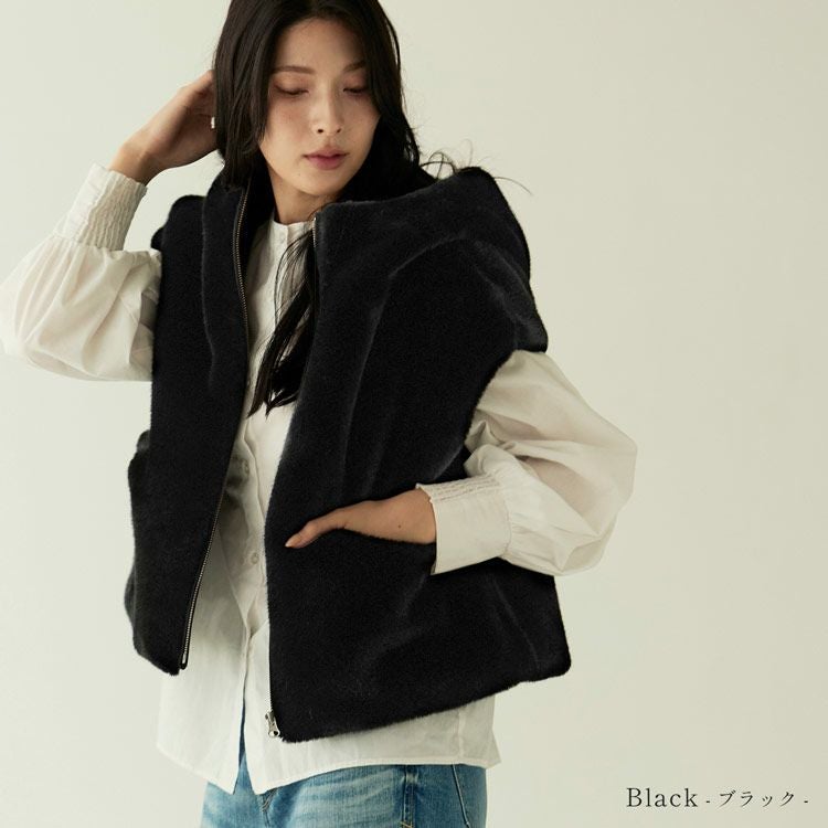 Filomo ミンク調 フェイクファー ベスト フード付き レディース