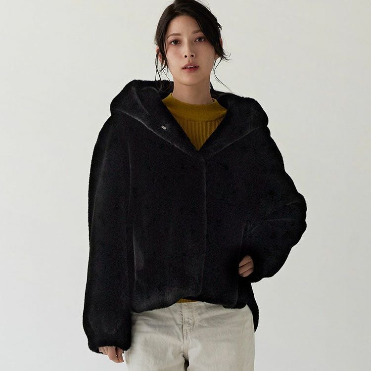 Dim Moire ブラックファーコート フード付き Filomo ミンク調 フェイクファー フード付き ジャケット レディース