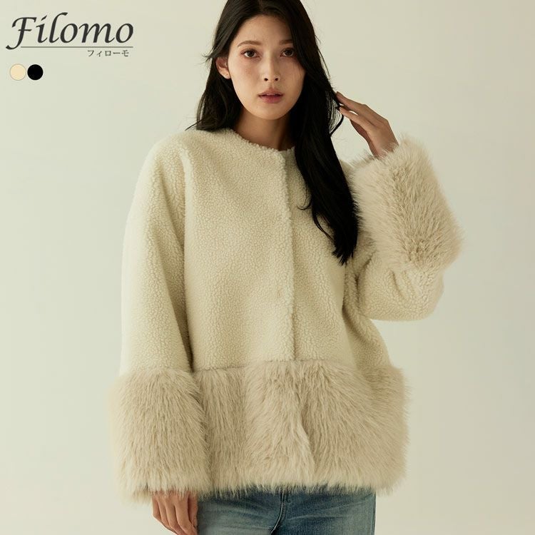 Filomo ムートン調 フェイクファー ジャケット ノーカラー レディース