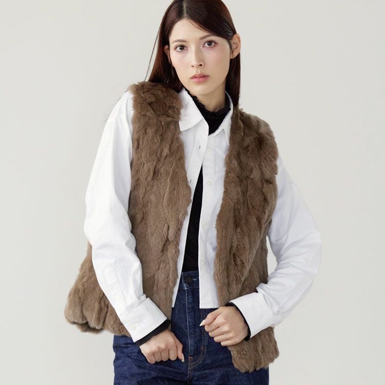 レッキス ファー ベスト Vネック レディース ブラック (01000917r)