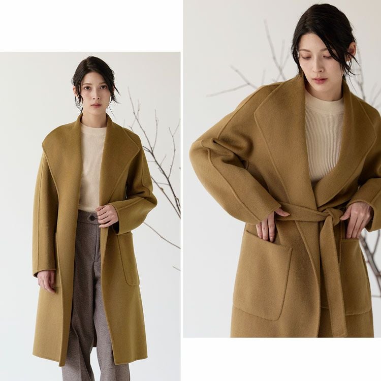 チェスターコートレディースウール100%ロングゆったりガウンラップロング丈ウエストベルト(08000340r)