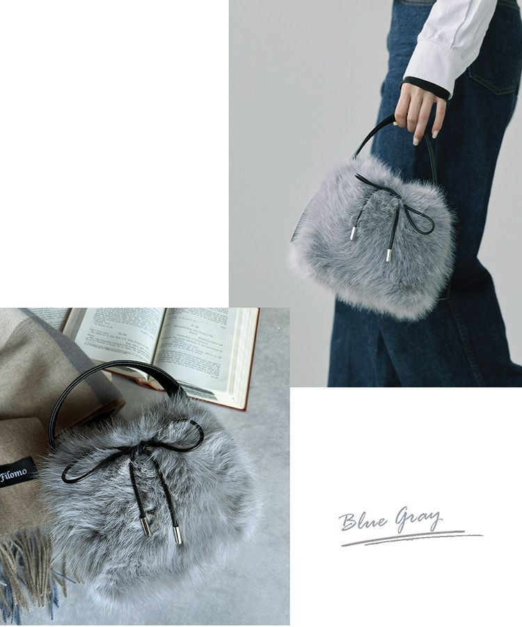 ふわふわエコファーバッグブルーグレー