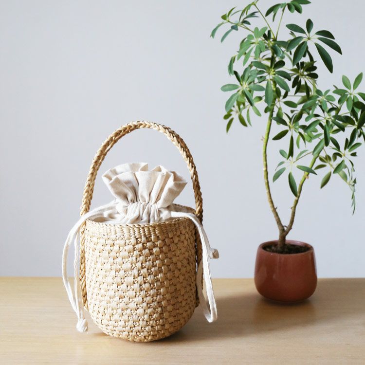 カゴバッグ 天然素材 巾着付き ハンドメイド
