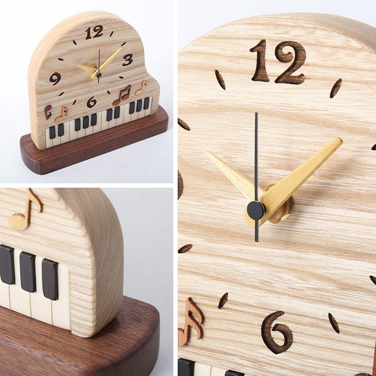 置時計木製ピアノデザイン天然木無着色ウォールナットセン多樹種木目北欧(09000734r)