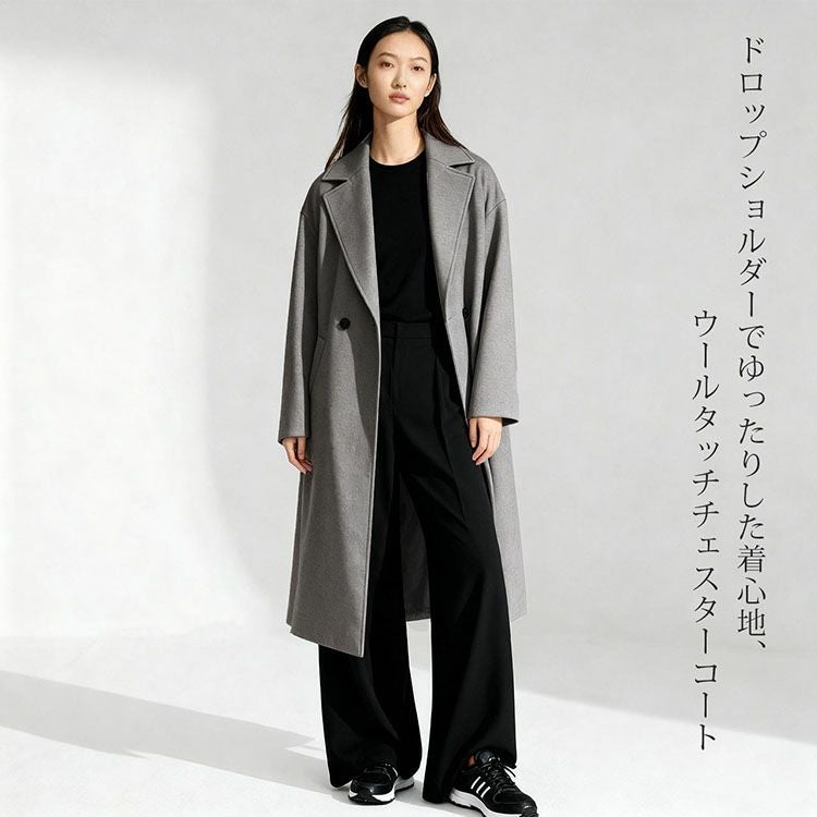 ドロップショルダーでゆったりと着られるチェスターコート