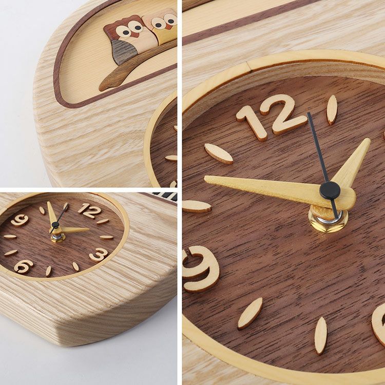 置き時計置時計掛け時計両用ピアノふくろう木製天然木無着色ウォールナット木目(09000732r)