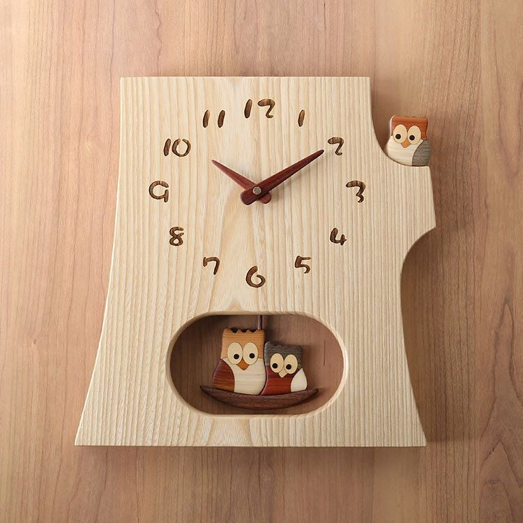 時計掛け時計振り子時計天然木木製切り株ふくろう(09000731r)