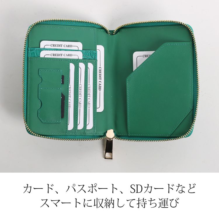 クロコダイル マット ラウンドファスナー 多機能財布 オーガナイザー