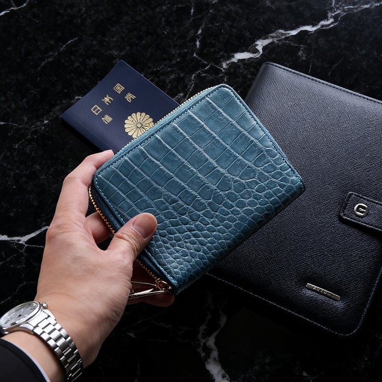 クロコダイルマットラウンドファスナーコンパクトオーガナイザー