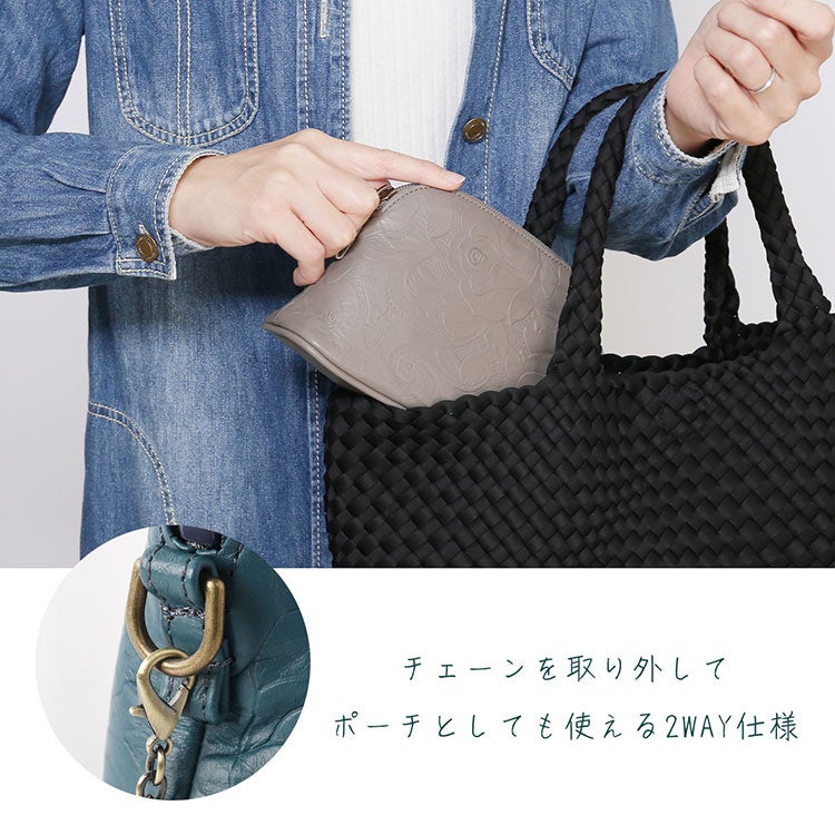 ミニショルダーバッグ本革牛革斜め掛け花柄型押しローズ柄チェーンショルダー2WAYポーチレディース日本製(07000683r)