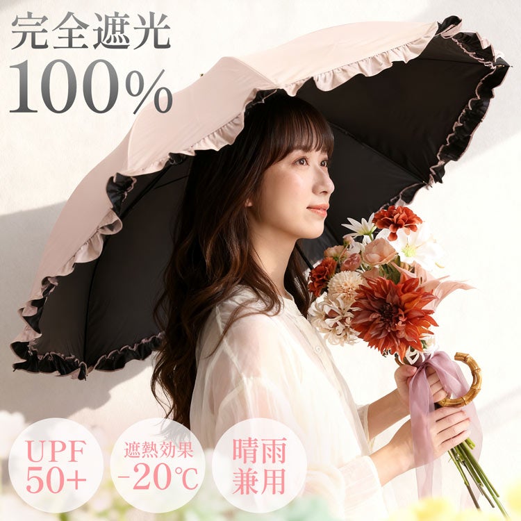 日傘ワンタッチ長傘バンブーハンドルUVカット完全遮光100%