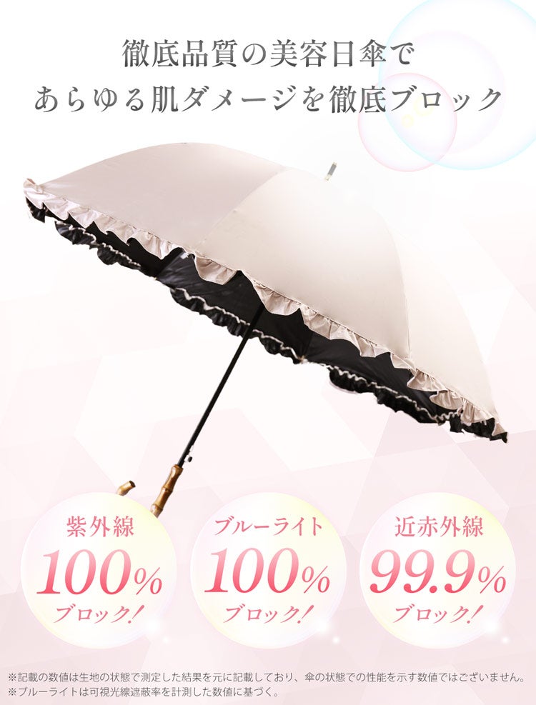 日傘ワンタッチ長傘バンブーハンドルUVカット完全遮光100%