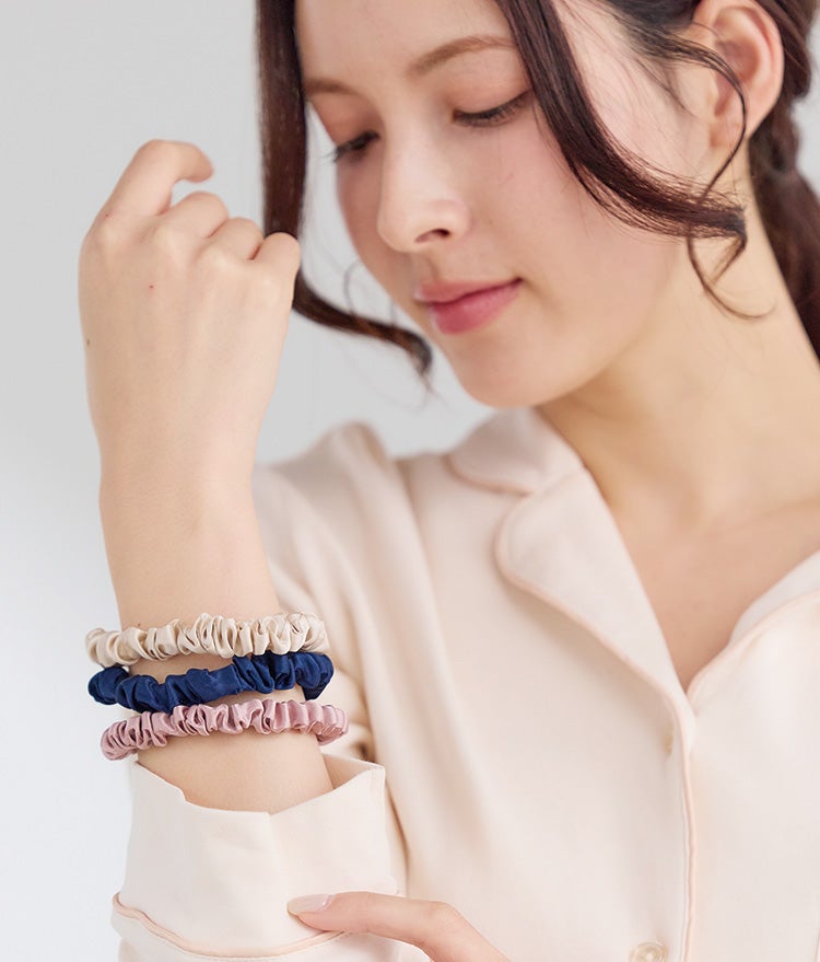シルク100％ ヘアゴム シュシュ 6Aランク 高級シルク 3本セット ピンク