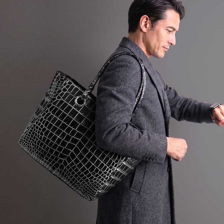クロコダイル メンズ トートバッグ 日本製 本革 マット 加工 A4 対応 4FA