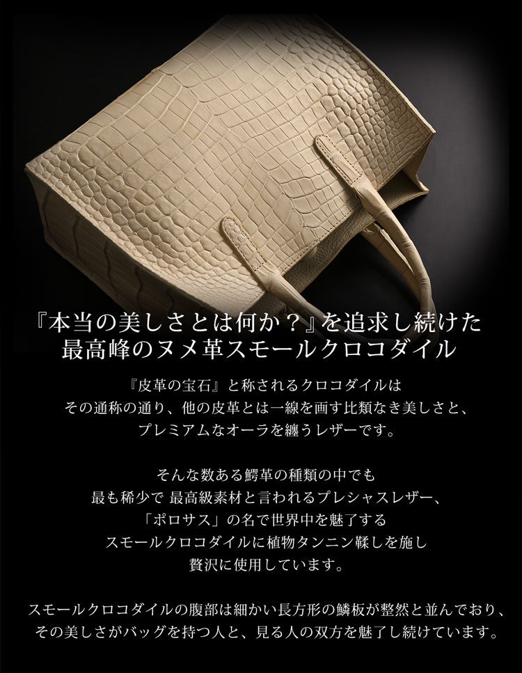 日本製 植物タンニン鞣し ポロサス スモールクロコダイルハンドバッグ 4FA