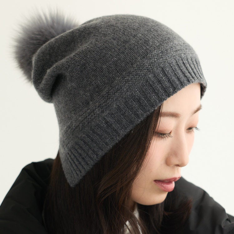 Filomo カシミヤ100% ニット帽 レディース フォックスファー ポンポン付き